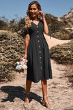 Preto Decote em V Mangas Curtas Vestido de Verão