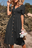 Preto Decote em V Mangas Curtas Vestido de Verão