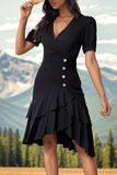 Preto Decote em V Linha-A Plissado Midi Vestido de Verão
