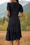 Preto Decote em V Linha-A Plissado Midi Vestido de Verão