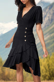 Preto Decote em V Linha-A Plissado Midi Vestido de Verão