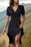 Preto Decote em V Linha-A Plissado Midi Vestido de Verão