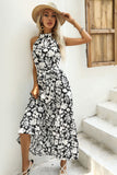 Preto Floral Linha-A Pescoço Alto Vestido de verão