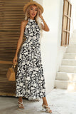 Preto Floral Linha-A Pescoço Alto Vestido de verão