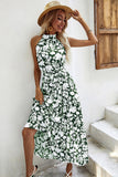 Preto Floral Linha-A Pescoço Alto Vestido de verão