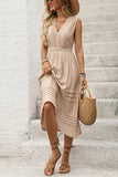 Cáqui Decote em V Linha-A Midi Vestido de Verão