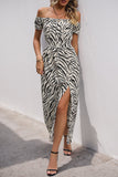 Branco Preto Fora do Ombro Bainha Longos Vestido Verão com Fenda