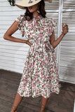 Floral Rosa Branco Linha-A Midi Vestido Verão