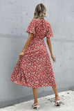 Floral Decote em V Vermelho Vestido Verão com Fenda