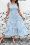 Vestido de Verão Azul Pescoço Quadrado Linha-A Midi