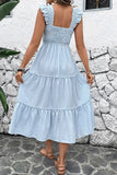 Vestido de Verão Azul Pescoço Quadrado Linha-A Midi