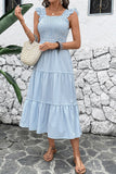Vestido de Verão Azul Pescoço Quadrado Linha-A Midi