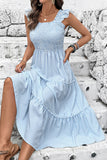 Vestido de Verão Azul Pescoço Quadrado Linha-A Midi