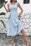 Vestido de Verão Azul Pescoço Quadrado Linha-A Midi