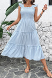 Vestido de Verão Azul Pescoço Quadrado Linha-A Midi