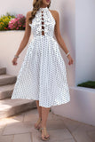 Vestido Verão Branco Preto Polka Dot Midi Cabeçada Linha-A