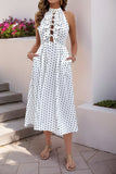 Vestido Verão Branco Preto Polka Dot Midi Cabeçada Linha-A