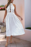 Vestido Verão Branco Preto Polka Dot Midi Cabeçada Linha-A