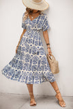 Vestido de Verão Decote em V Azul Linha-A Midi Mangas Curtas