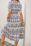 Vestido de Verão Decote em V Azul Linha-A Midi Mangas Curtas