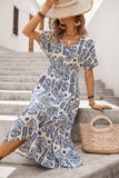 Vestido de Verão Decote em V Azul Linha-A Midi Mangas Curtas