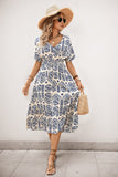 Vestido de Verão Decote em V Azul Linha-A Midi Mangas Curtas