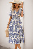 Vestido de Verão Decote em V Azul Linha-A Midi Mangas Curtas