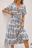 Vestido de Verão Decote em V Azul Linha-A Midi Mangas Curtas