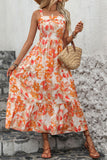 Vestido de Verão Laranja Floral Midi Pescoço Quadrado Linha-A