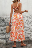 Vestido de Verão Laranja Floral Midi Pescoço Quadrado Linha-A