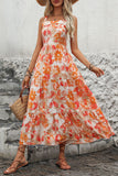 Vestido de Verão Laranja Floral Midi Pescoço Quadrado Linha-A