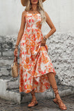 Vestido de Verão Laranja Floral Midi Pescoço Quadrado Linha-A