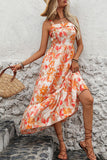 Vestido de Verão Laranja Floral Midi Pescoço Quadrado Linha-A