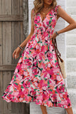 Vestido de Verão Fúcsia Floral Decote em V Midi Linha-A