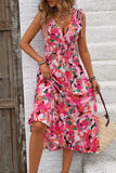 Vestido de Verão Fúcsia Floral Decote em V Midi Linha-A