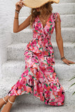 Vestido de Verão Fúcsia Floral Decote em V Midi Linha-A