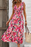 Vestido de Verão Fúcsia Floral Decote em V Midi Linha-A