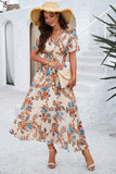 Vestido Verão Damasco Decote em V Linha-A Longo Floral