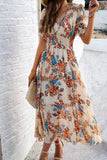 Vestido Verão Damasco Decote em V Linha-A Longo Floral