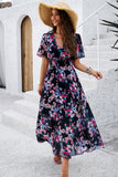 Vestido Verão Damasco Decote em V Linha-A Longo Floral