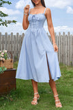 Azul Linha-A Espartilho Midi Vestido de Verão com Fenda