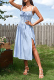 Azul Linha-A Espartilho Midi Vestido de Verão com Fenda
