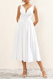 Branco Decote em V Linha-A Midi Vestido de Verão