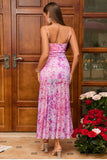 Vestido Verão Fuchsia Linha-A Longo Floral Alças Finas