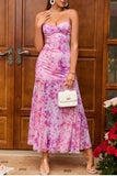 Vestido Verão Fuchsia Linha-A Longo Floral Alças Finas