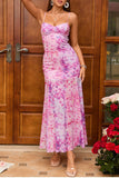 Vestido Verão Fuchsia Linha-A Longo Floral Alças Finas