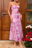 Vestido Verão Fuchsia Linha-A Longo Floral Alças Finas