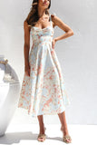 Vestido de Verão Flor Azul Amarela Midi Linha-A