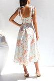 Vestido de Verão Flor Azul Amarela Midi Linha-A