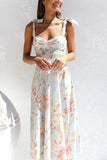Vestido de Verão Flor Azul Amarela Midi Linha-A